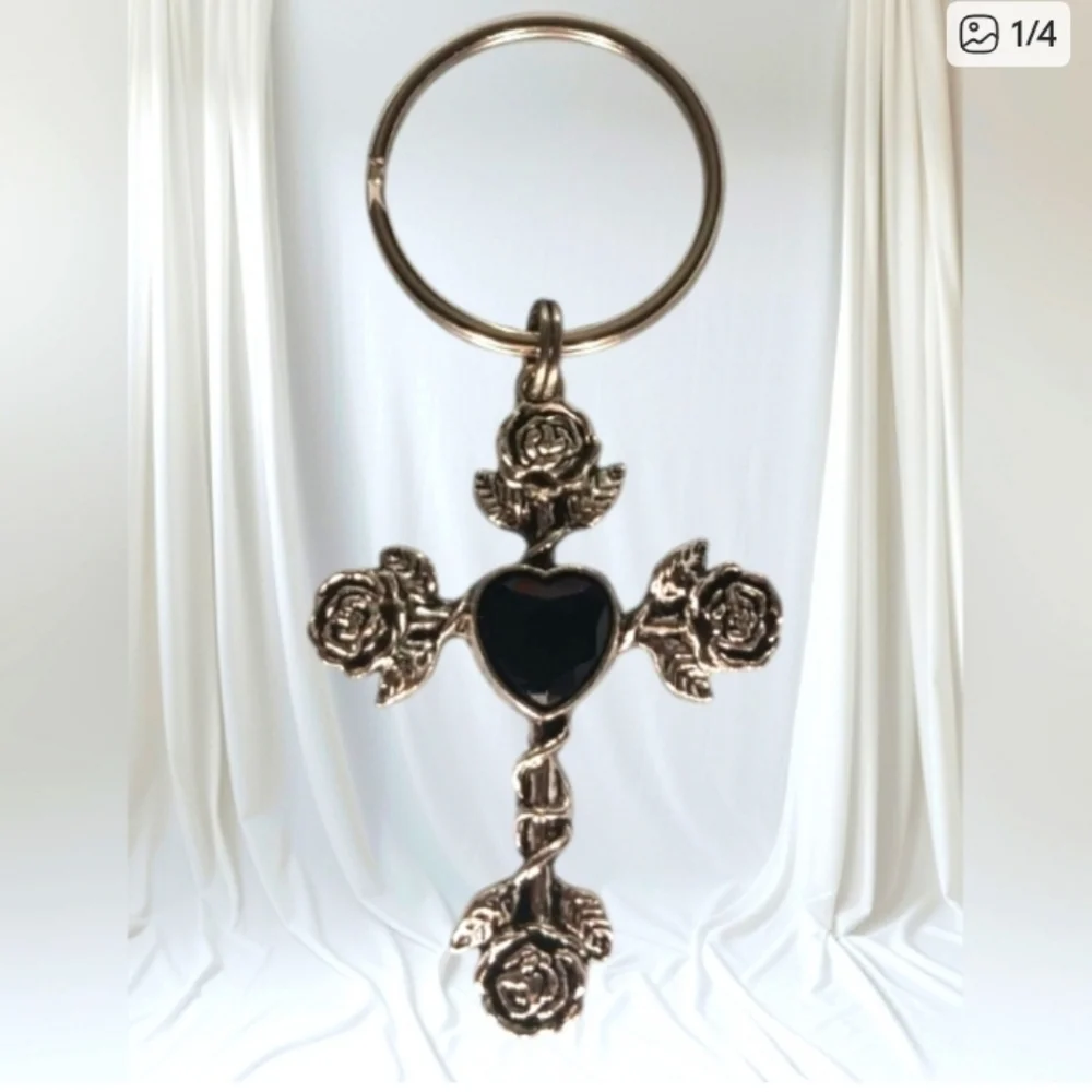 Silver Tone Cross Heart Charm Keychain Bag Charm